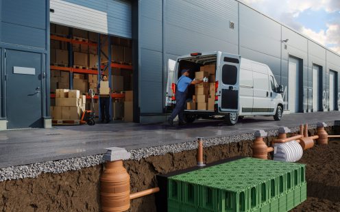 Outside of Logistics Warehouse with Open Door, Delivery Van Loaded with Cardboard Boxes. Truck Delivering Online Orders, Purchases, E-Commerce Goods, Wholesale Merchandise.